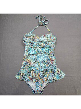 Lauren Ralph Lauren Convertible One Piece Swimsuit 12 Paisley Halter Strapless